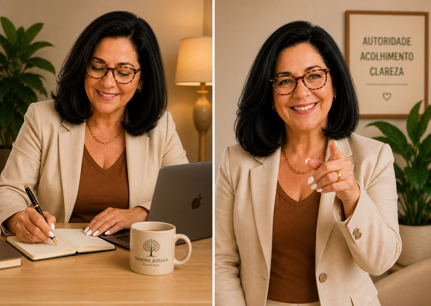 Sandra Jessula em seu consultório, escrevendo em um caderno